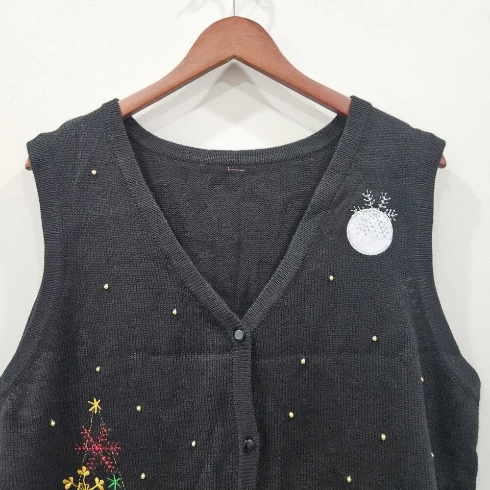 Ugly Christmas Sweater Vest XL Black Multi Snowflake Holiday Trees Moon Festive
